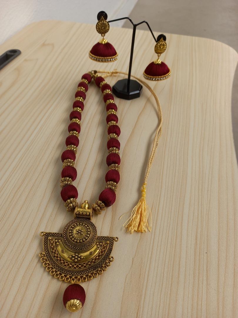 Silk Thread Jewellery Maroon Necklace and Earring Set