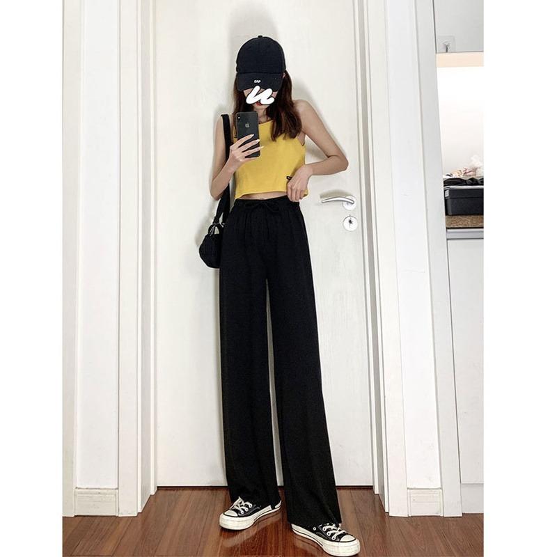 Silk Women Wide Leg Pants Korean Style High Waist Drape Loose Straight  Casual Pants, Women's Fashion, Bottoms, Other Bottoms on Carousell