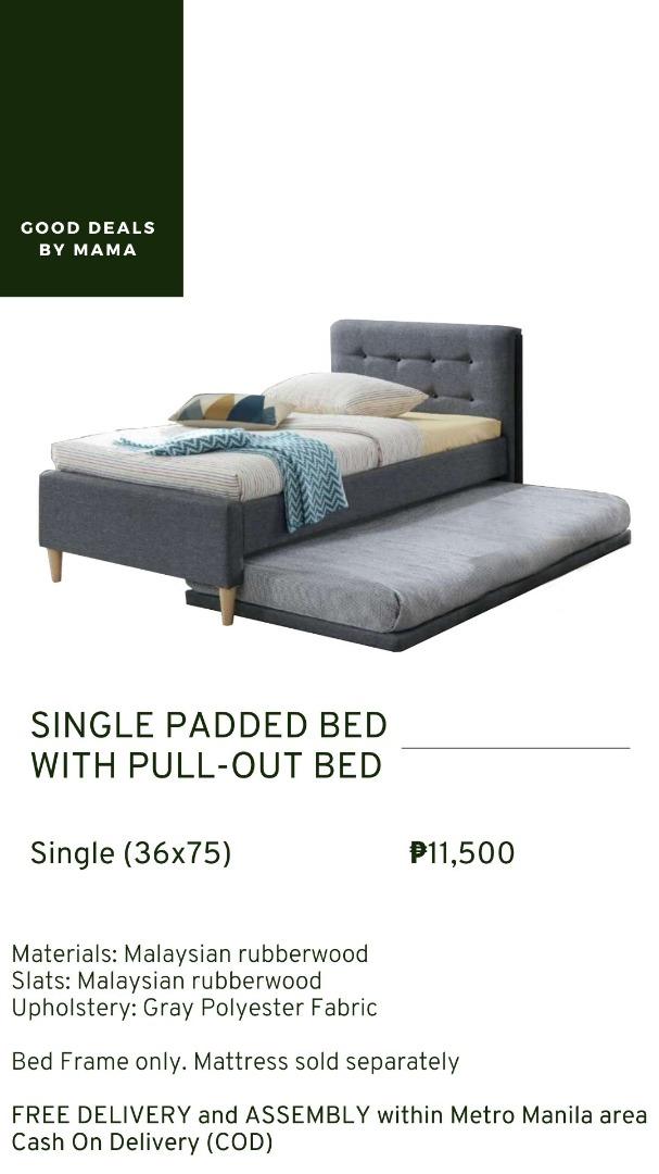 SINGLE TAPERED LEG PADDED BED WITH PULL OUT BED (Category: Bed Frames & Mattresses) located in Taguig. Submitted by gooddealsbymama (Listing ID 1062385207, Image 1). Description: SINGLE TAPERED LEG PADDED BED WITH PULL OUT BED Single (36x75): ₱11,500 Materials: Malaysian rubberwood Upholstery: Light Gray Slats: Malaysian Rubberwood Single Size Dimension: L83″ x W40.5″ x H42″ *Bed Frame Only. Mattress sold separately ➡️ FREE DELIVER and ASSEMBLE w