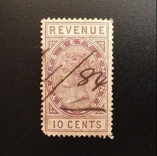 Straits Settlements QV 1888 10c Revenue Stamp Used G309