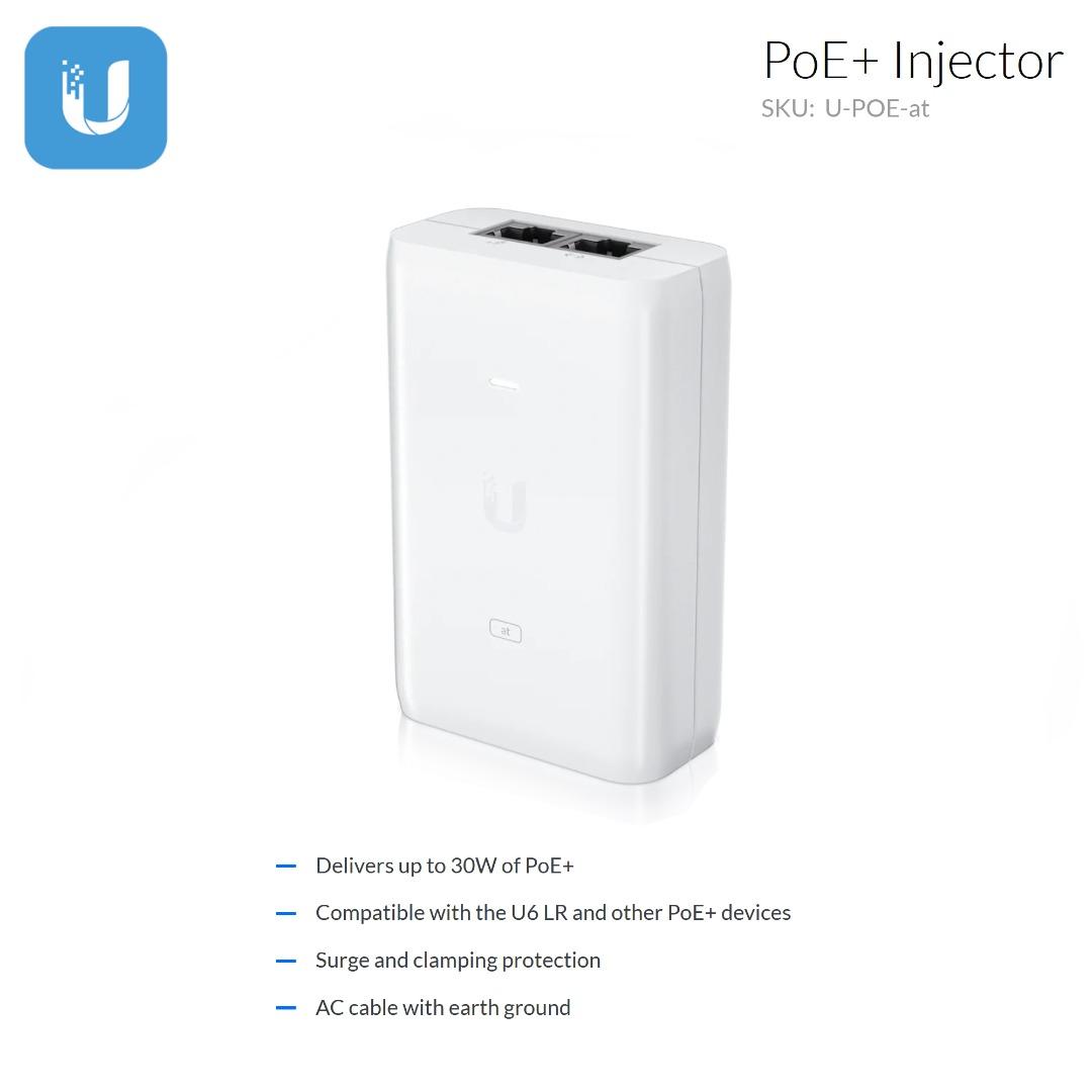 Ubiquiti UniFi PoE+ Injector — Compact adapter capable of delivering 30W of  PoE+ to the U6 LR and other PoE+ devices. SKU: U-POE-at, Computers & Tech,  Parts & Accessories, Networking on Carousell