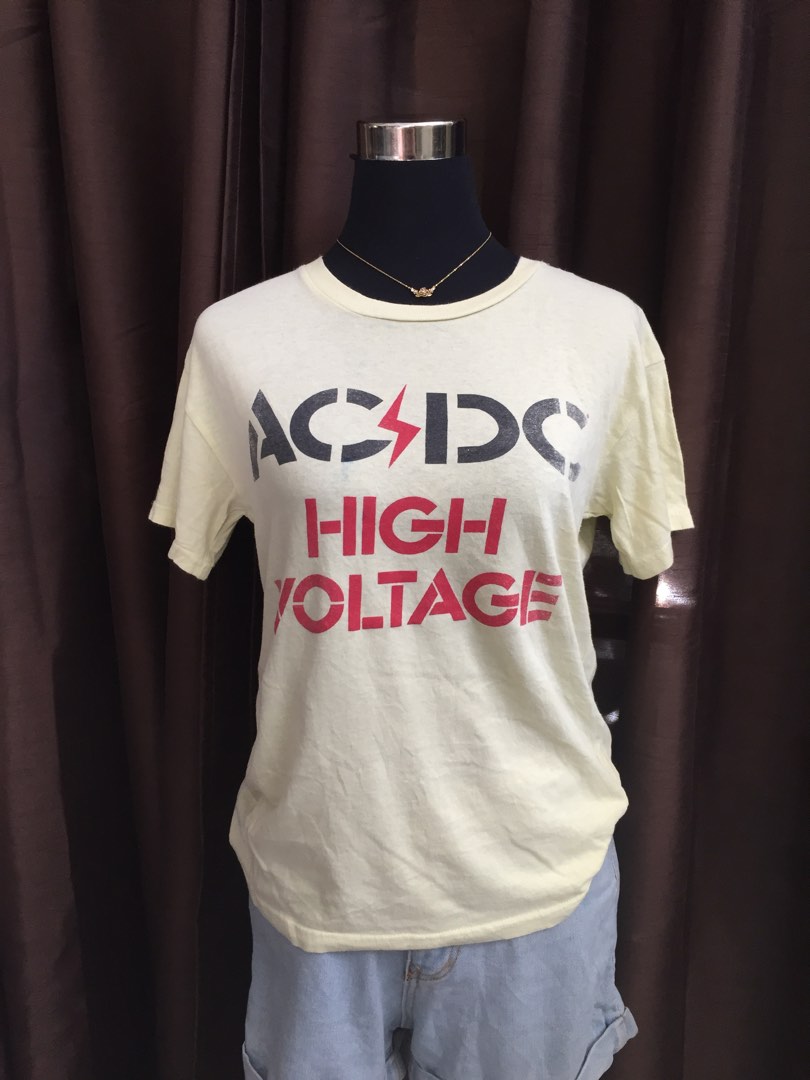 AC/DC yellow semi crop, Women's Fashion, Tops, Shirts on Carousell