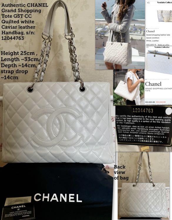 Authentic CHANEL Grand Shopping Tote GST CC Quilted white Caviar leather  Handbag, s/n: 12044763, Luxury, Bags & Wallets on Carousell