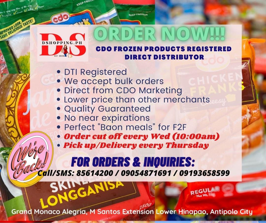 CDO Frozen goods Direct seller (Category: Chilled & Frozen Food) located in Antipolo. Submitted by DSHOPPING.PH (Listing ID 1188968337, Image 2). Description: ‼️𝙊𝙪𝙧 𝘾𝘿𝙊 𝙁𝙍𝙊𝙕𝙀𝙉 𝙂𝙊𝙊𝘿𝙎 𝙞𝙨 𝙗𝙖𝙘𝙠‼️ 📣𝓦𝓮 𝓪𝓻𝓮 𝓷𝓸𝔀 𝓪𝓬𝓬𝓮𝓹𝓽𝓲𝓷𝓰 𝙋𝙍𝙀-𝙊𝙍𝘿𝙀𝙍𝙎 • 𝐏𝐫𝐞-𝐨𝐫𝐝𝐞𝐫 𝐜𝐮𝐭 𝐨𝐟𝐟 𝐞𝐯𝐞𝐫𝐲 𝐖𝐄𝐃 til 𝟏𝟎𝐚𝐦 𝐨𝐧𝐥𝐲 • 𝐏𝐈𝐂𝐊 𝐔𝐏 𝐨𝐫 𝐃𝐄𝐋𝐈𝐕𝐄𝐑𝐘 𝐞𝐯𝐞𝐫𝐲 𝐓𝐇𝐔𝐑𝐒 • 𝐆𝐫𝐚𝐧𝐝 𝐌𝐨𝐧𝐚𝐜𝐨 𝐀𝐥𝐞𝐠𝐫𝐢𝐚,