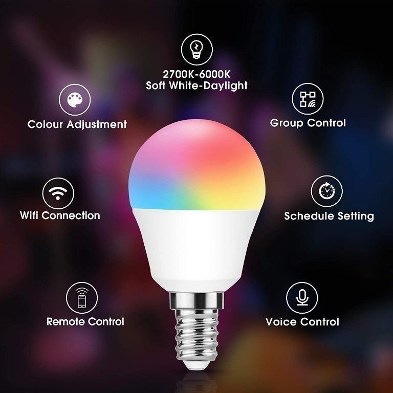 DORESshop P45 E14 Smart Light Bulb, 500Lm, RGBCW 2700K-6000K Tunable, Smart  Bulb Colour Changing, WiFi LED Bulb, Multi-Coloured Light Bulb, Works with  Alexa, Google Home, 2 Pack [Energy Class A++], Furniture 