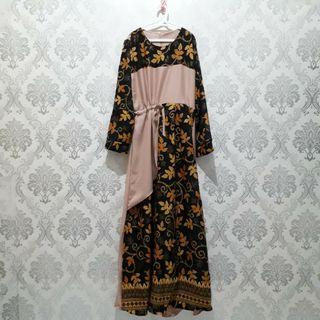 Dress Motif Bunga Bertali Coklat Baju Gamis Wanita