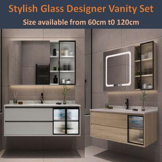 Glass Design Vanity Set / Drawer Vanity Set / Brown Vanity / LED Smart Mirror