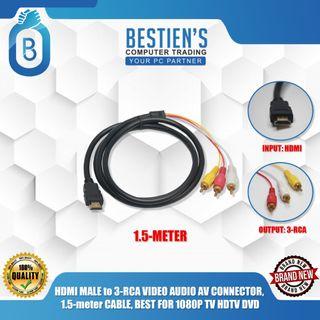 HDMI MALE to 3-RCA VIDEO AUDIO AV CONNECTOR, 1.5-meter CABLE, BEST FOR 1080P  TV HDTV DVD