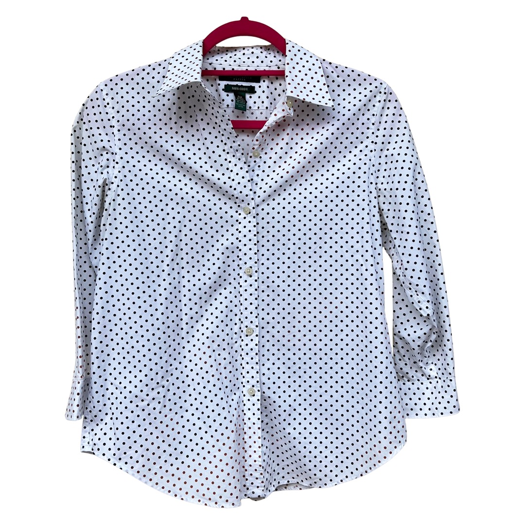 Chaps Plus Size Top 2X Cotton Polka Dot Button Up No Iron Casual Work