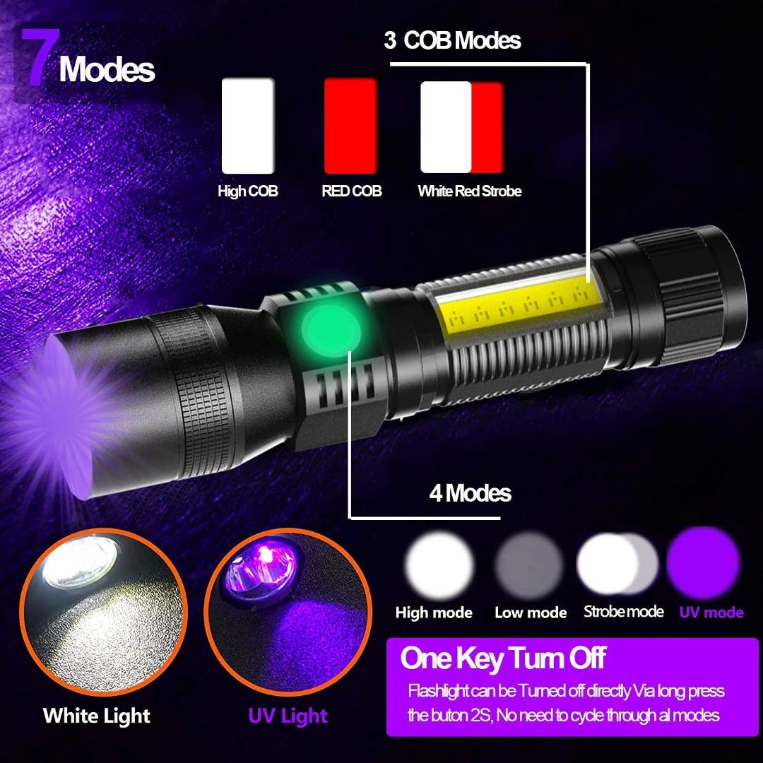 Rechargeable UV Flashlight, 3in1 Tactical Flashlight LED UV Black Light  with Redlight, 1200 High Lumen Magnetic LED Flashlight with COB Sidelight,  Mode, Zoomable, Waterproof for Camping,Emergency, Sports Equipment, Other  Sports Equipment