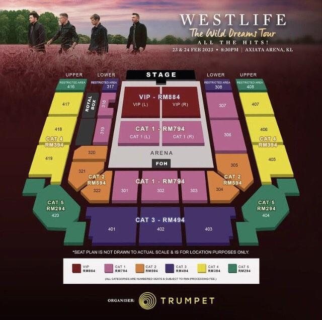 [CLOSE] Westlife offline ticketing service (Category: Event Tickets) located in Kuala Selangor. Submitted by floweriu (Listing ID 1189150139, Image 2). Description: WESTLIFE : The wild dream tour I’m open 8 slot for offline queuing ticketing each ticket will be charge rm40 The price will be: Tix price + processing fee + Rm40 for ticketing service Please select your date Date: 23 & 24 February 2023 (8.30pm) Dm me for more question .