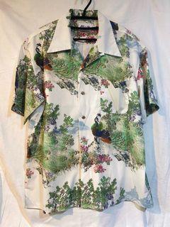古著 孔雀開屏襯衫 夏威夷襯衫 綠色襯衫 絲質襯衫 古著襯衫 木扣襯衫