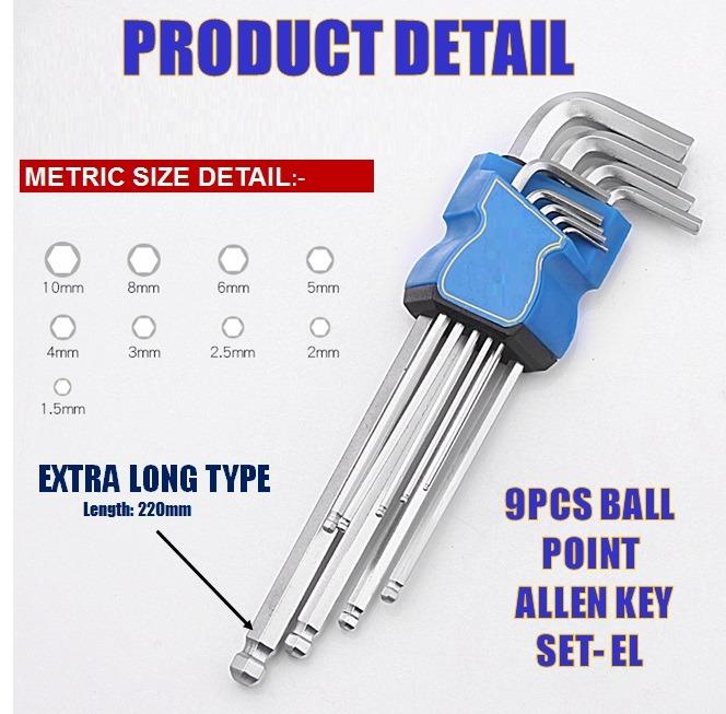 ALLEN KEY 9PCS SET BALL END IMPERIAL/ METRIC EXTRA LONG, Everything Else on Carousell