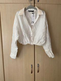AUTH ZARA OFF WHITE BEIGE LINEN TOP WITH CROCHET COLLAR BLOUSE LONGSLEEVES FITS SMALL TO LARGE