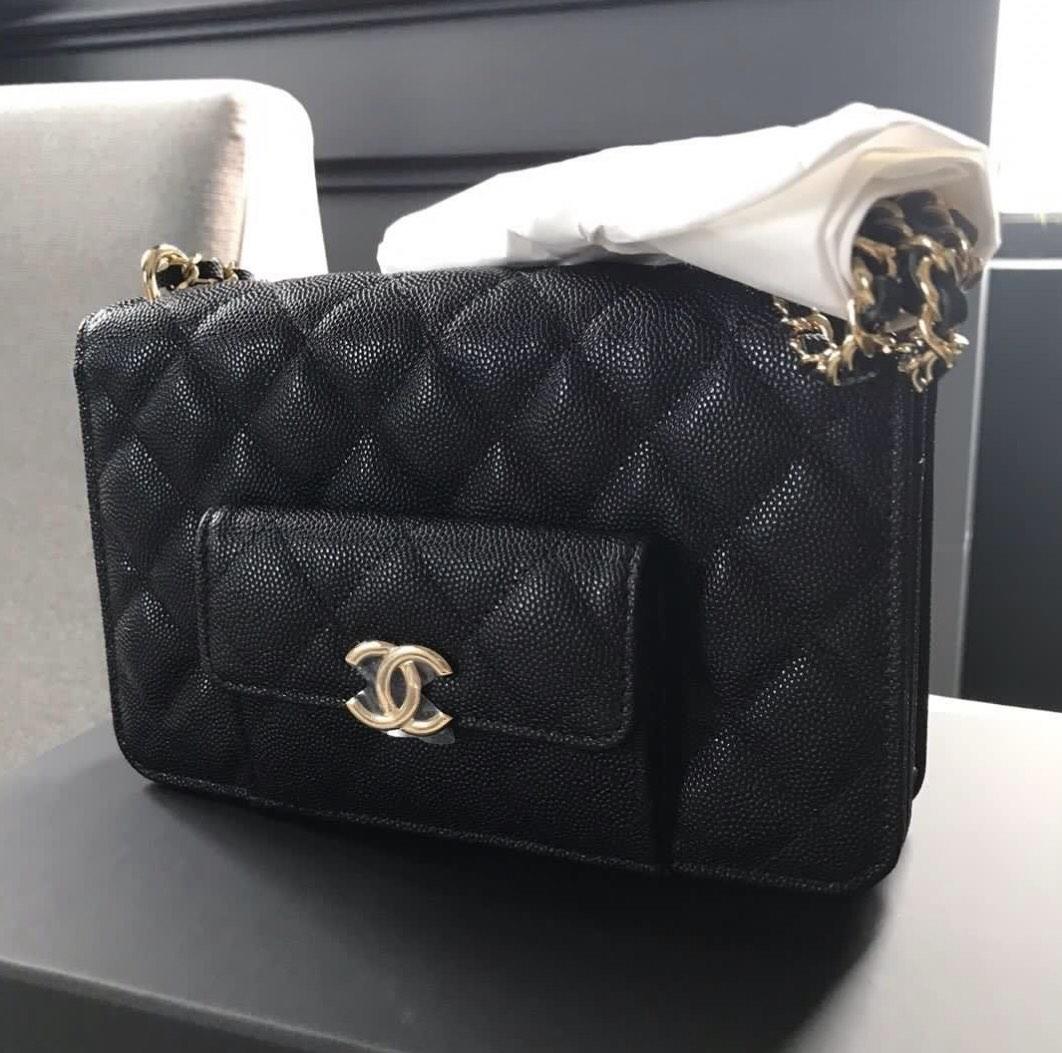 AUTHENTIC CHANEL Caviar WOC Wallet on Chain Gold Hardware 💙 FULL BOX SET