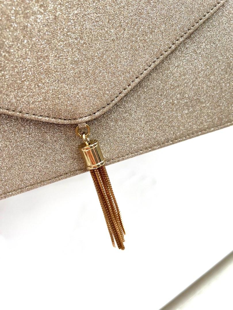 BN ASOS tassel design clutch bag in gold glitter Women s Fashion