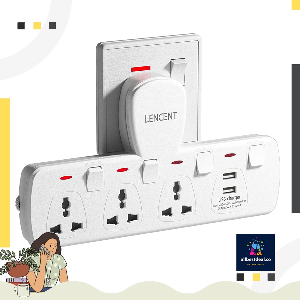 LENCENT Multi Plug Extension Socket with USB, 3 Way Electrical Outlet ...