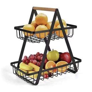 Metal Wire Fruit Bowl 2 Tier Organizer Basket Vegetables  Bread Holder with Wooden Handle