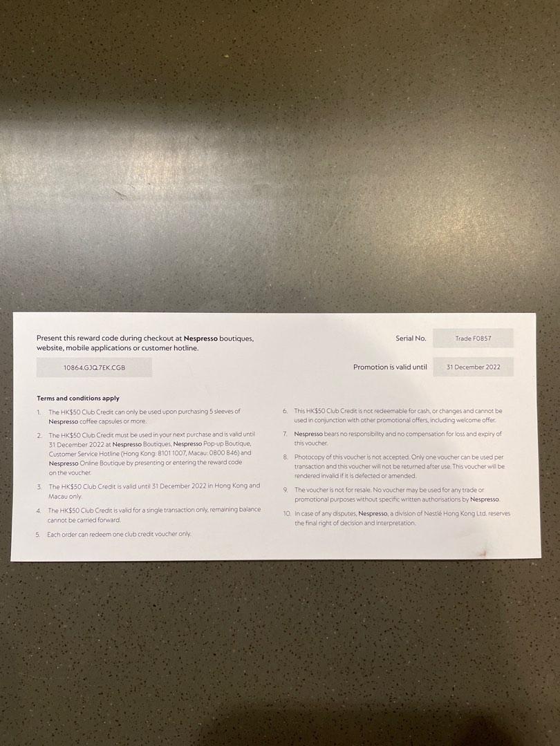 Nespresso voucher (coffee capsule), 門票＆禮券, 兌換券 Carousell
