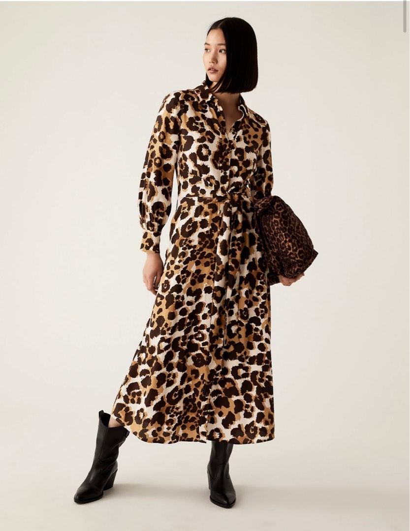 NEW M S Animal Print Tie Front Midaxi Shirt Dress Marks