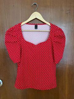 Red Polka Dots Puffed Sleeves Blouse