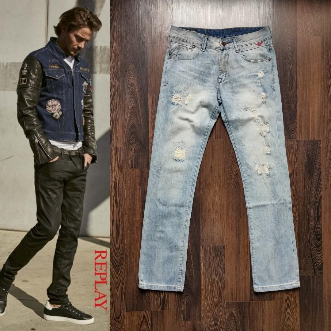 REPLAY BLUE JEANS ITALY | Distressed Slim Denim, Fashion, Bottoms, Jeans on Carousell