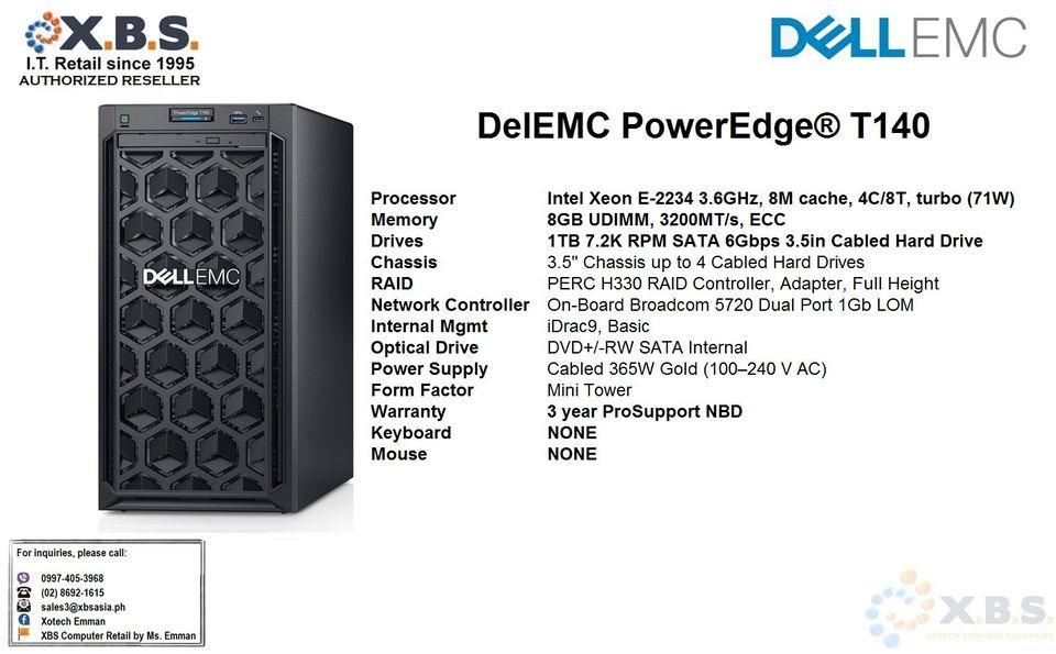 SERVER- Dell PowerEdge T140 Server Intel Xeon E-2234Processor Intel Xeon E-2234 3.6GHz, 8)8GB UDIMM, 3200MT (Category: Networking) located in Quezon City. Submitted by ann_xbs (Listing ID 1189199772, Image 2). Description: Processor Intel Xeon E-2234 3.6GHz, 8M cache, 4C/8T, turbo (71W) Memory 8GB UDIMM, 3200MT/s, ECC Drives 1TB 7.2K RPM SATA 6Gbps 3.5in Cabled Hard Drive Chassis 3.5" Chassis up to 4 Cabled Hard Drives RAID PERC H330 RAID Control