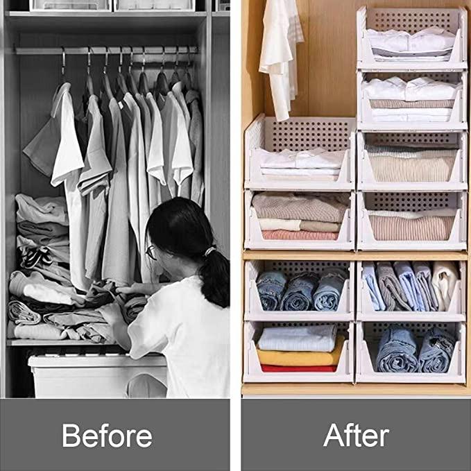 4-Pack Folding Wardrobe Storage Box Plastic Drawer Organizer Stackable  Shelf Baskets Clothes Closet Containers Bin Cubes ,Home Office Bedroom  Laundry