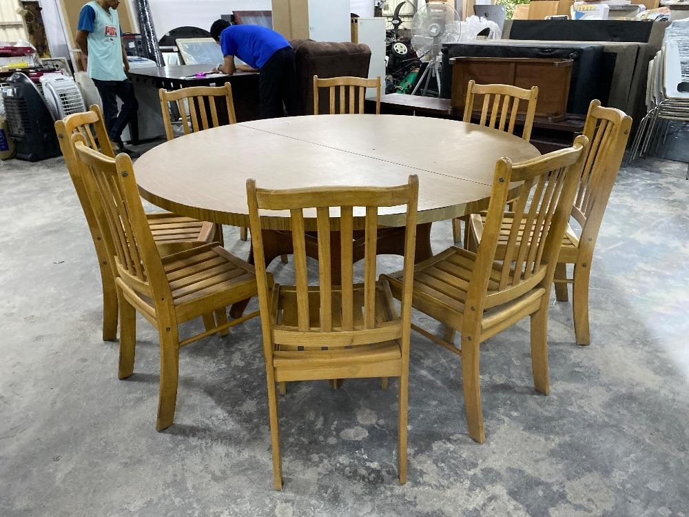 Wooden Round 8 Seater Dining Table set with 8 Chairs / Set Meja Makan