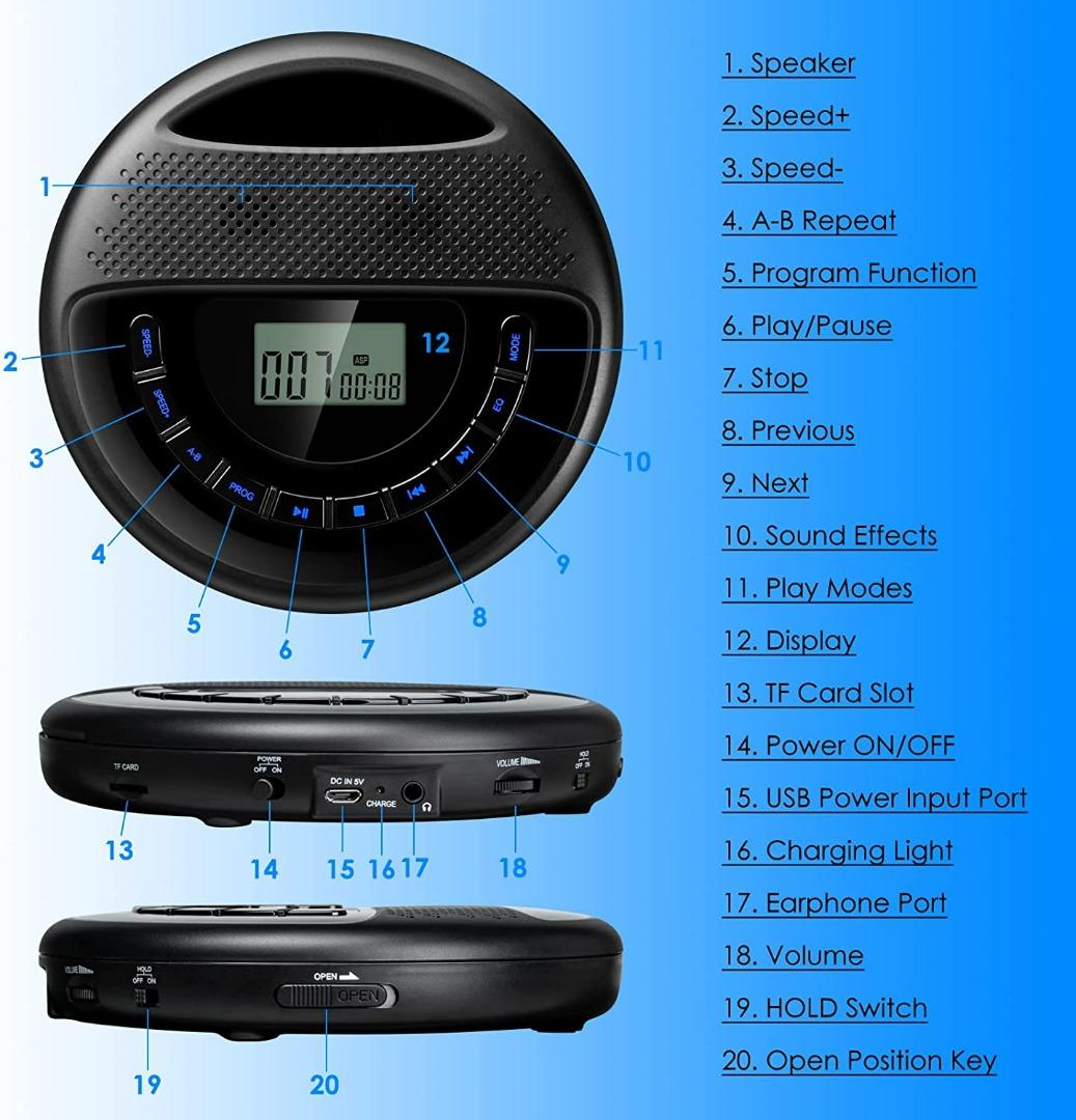 (2770)Gueray CD Player Portable Rechargeable with Speaker Dual Stereo