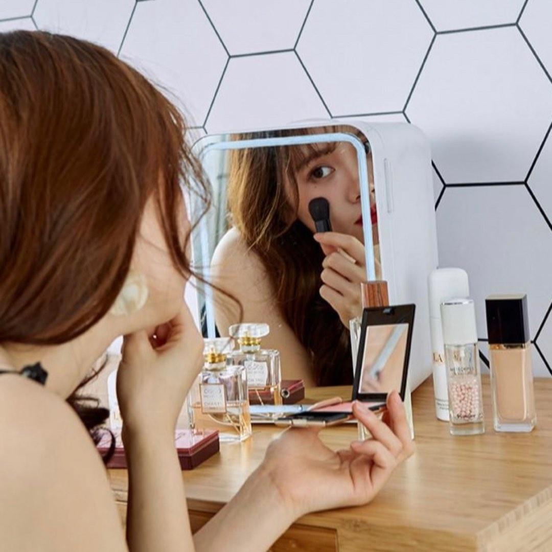 mini fridge with mirror and lights
