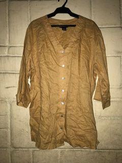 🇺🇸 Ashley Stewart Pure Linen Plus Size Yellow Brown Camel Long Sleeves Tunic Top British Khaki Dress  Coverup XL Coat Robe  14W  NWOT RARE From USA