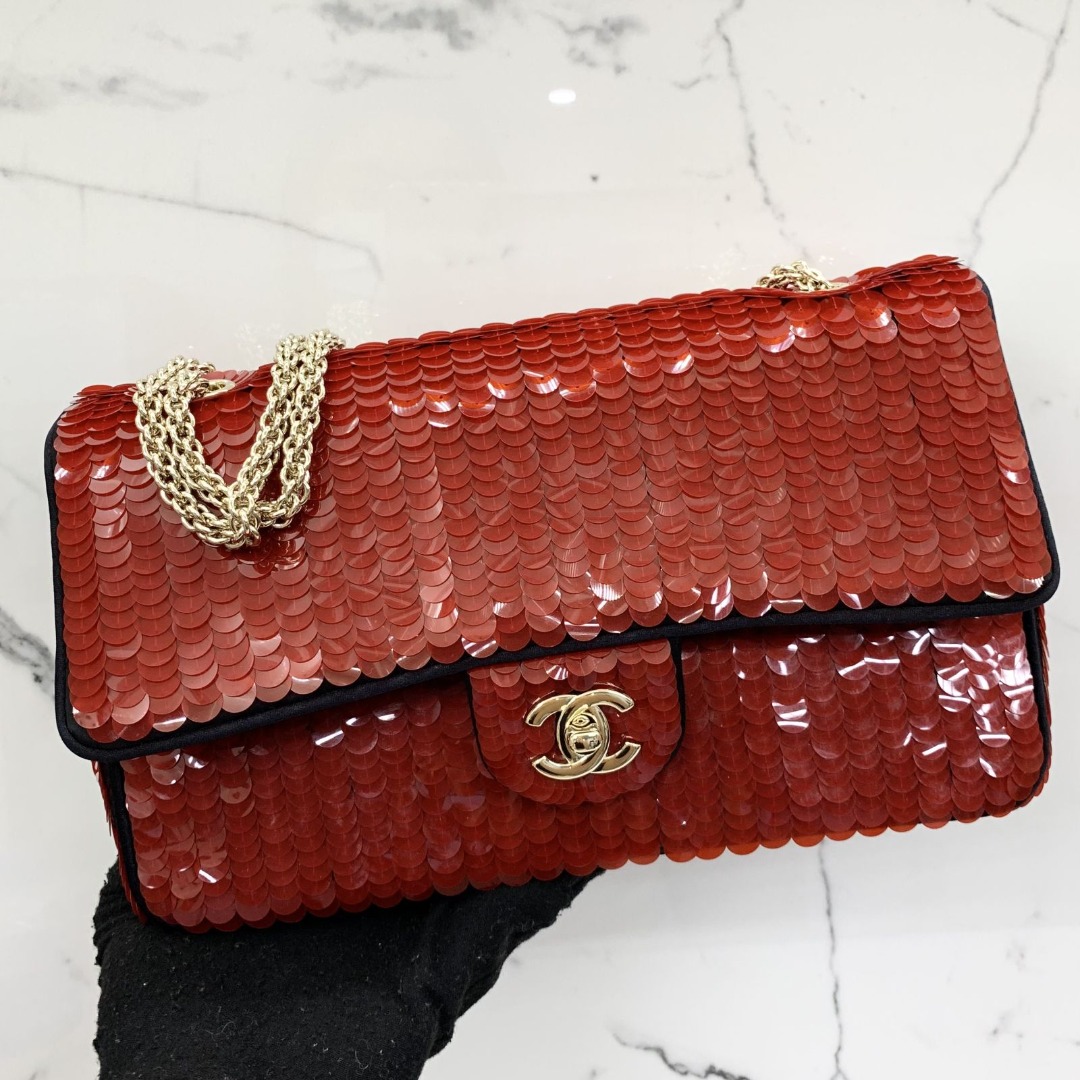 CHANEL RED PATENT SEQUINS CLASSIC FLAP NO.13 25CM CHAIN SHOULDER BAG  227026221 WE, Luxury, Bags & Wallets on Carousell