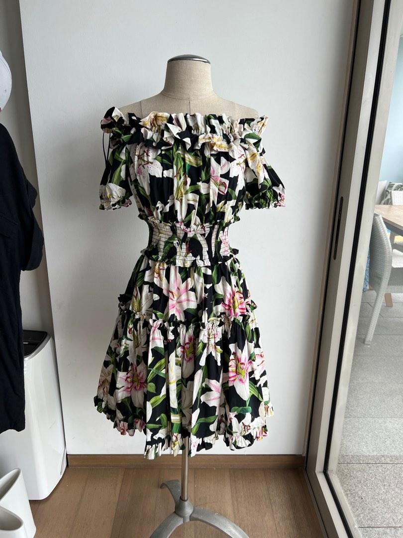 Dolce & Gabbana Cotton Lily Print Off Shoulder Dress S Dolce