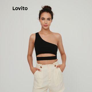 Lovito One Shoulder Cutout Top in Black