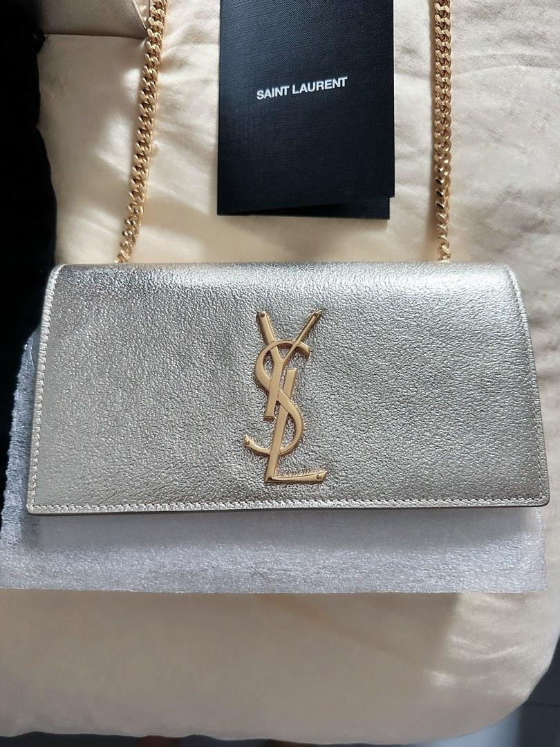YSL Saint Laurent Metallic Platinum Leather Gold Chain Shoulder Bag