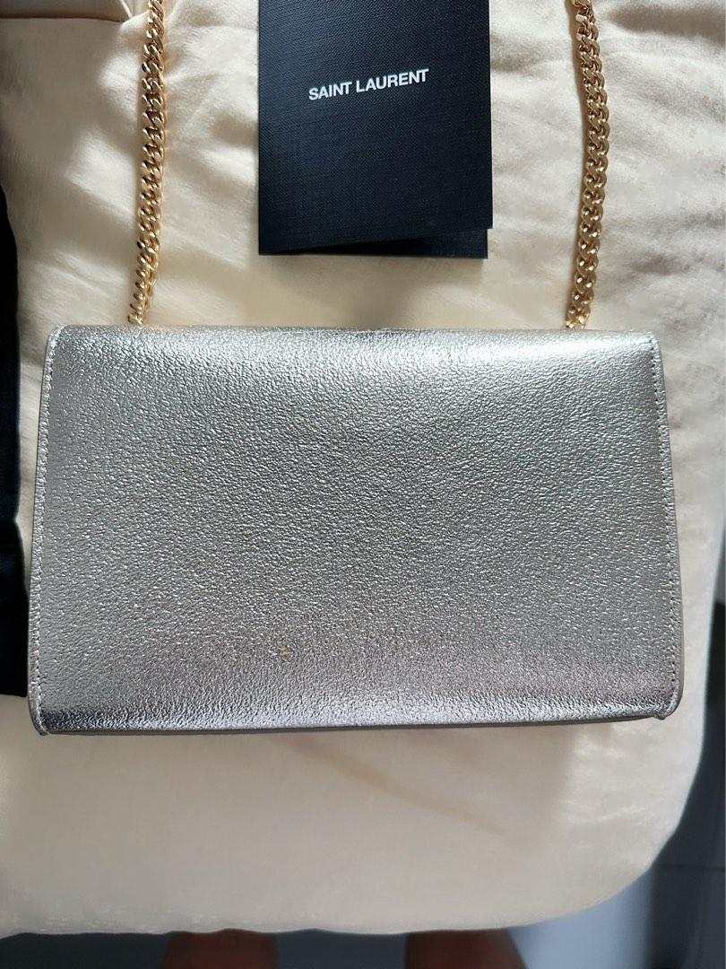 Saint Laurent Envelope Platinum Leather Chain Wallet Bag New