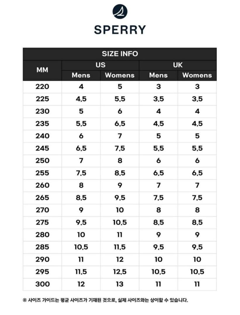 Sperry boots size shop chart