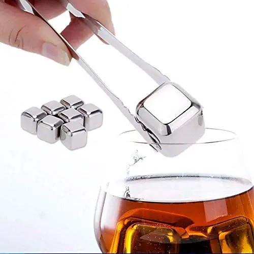 THW Stainless Steel Pack of 8 Reusable Ice Cubes Chilling Stones with Tong  & Freezer Storage Tray for Whiskey Wine Soft Drinks