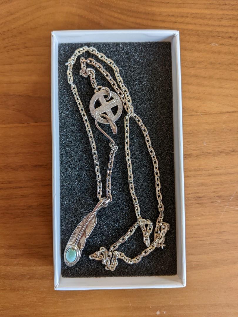 Wakan Silver Smith 60cm chain + feather with turquoise, 名牌, 飾物