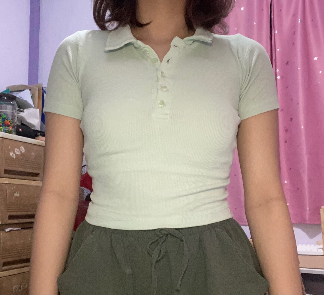 ZARA mint green cropped button up, Women's Fashion, Tops, Shirts on