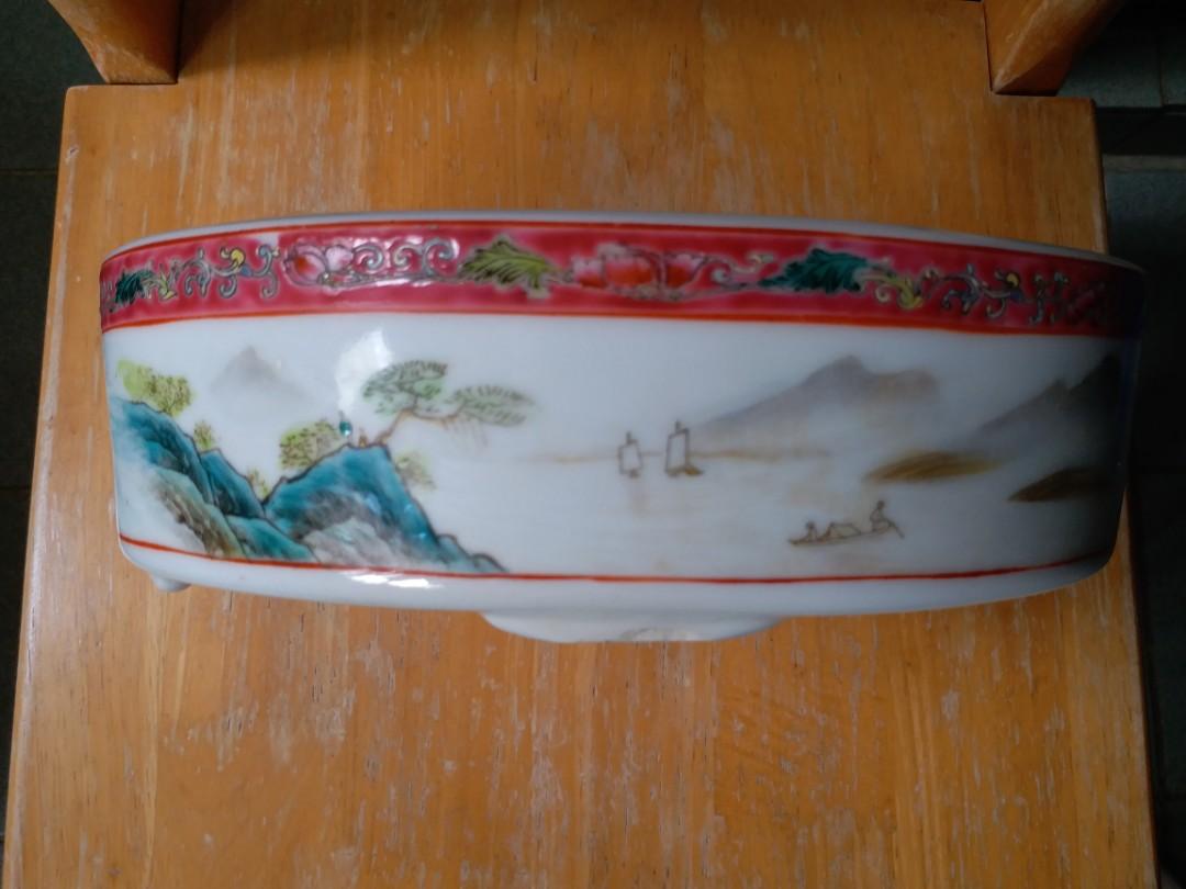 陶瓷- 中國景德鎮手繪山水詩句水仙盤鵝蛋型水仙盆, 興趣及遊戲, 收藏品 