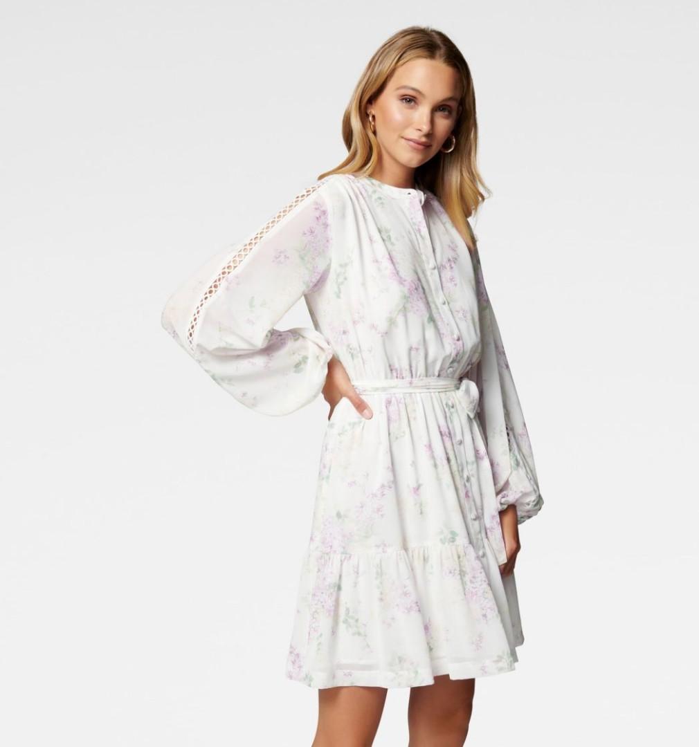 Forever new lace mini spliced dress with fluted sleeve in pink and white cheap