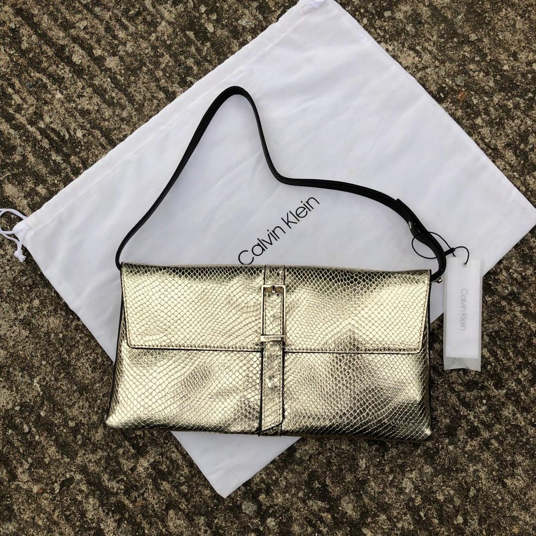 CALVIN KLEIN GOLD REPTILE EFFECT WINGED SHOULDER BAG
