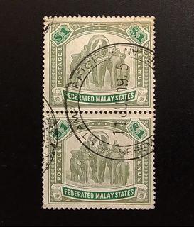 Federated Malay States 1904-22 Wmk MCCA $1 Pair Stamps VFU G320