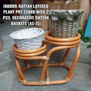 INDOOR RATTAN LAYERED PLANT POT STAND WITH 2 PCS. DECORATIVE RATTAN BASKETS (AS-IS)