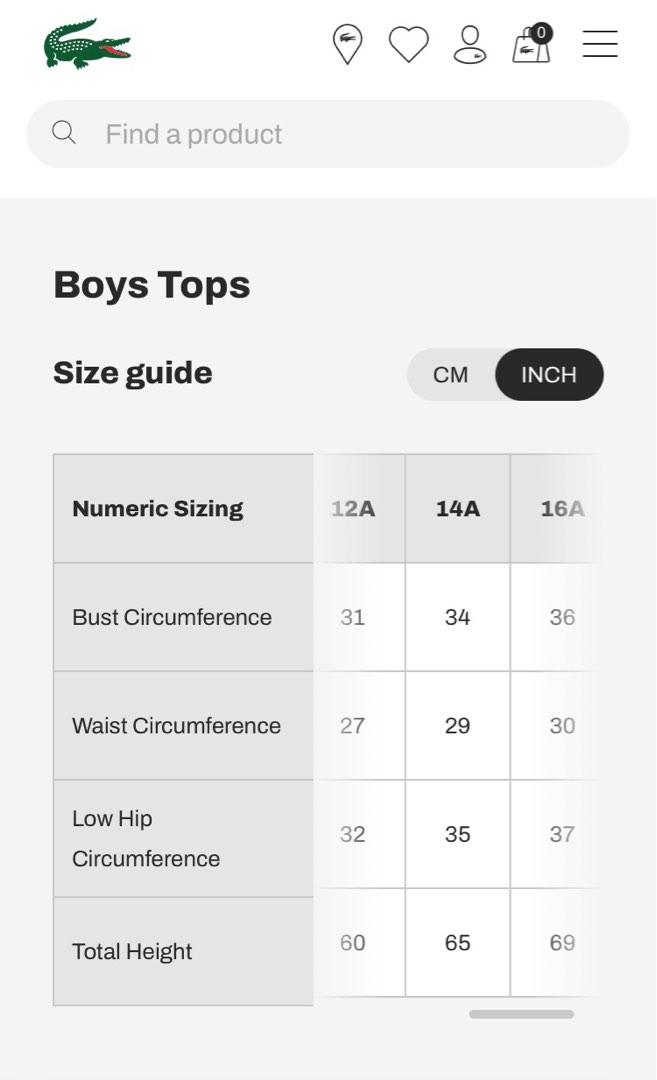 Lacoste kids size chart discount