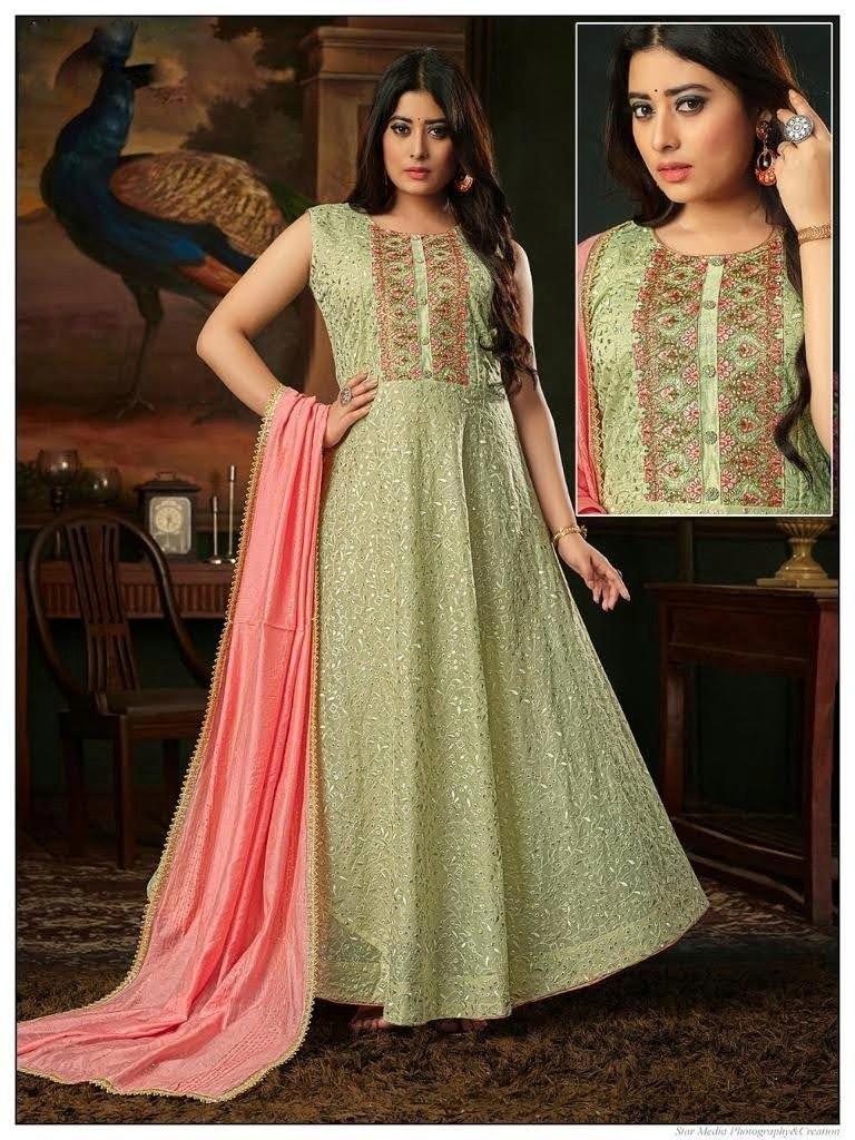 Long dress with contrast dupatta. Embroidered yoke indian traditional wear casual long dress