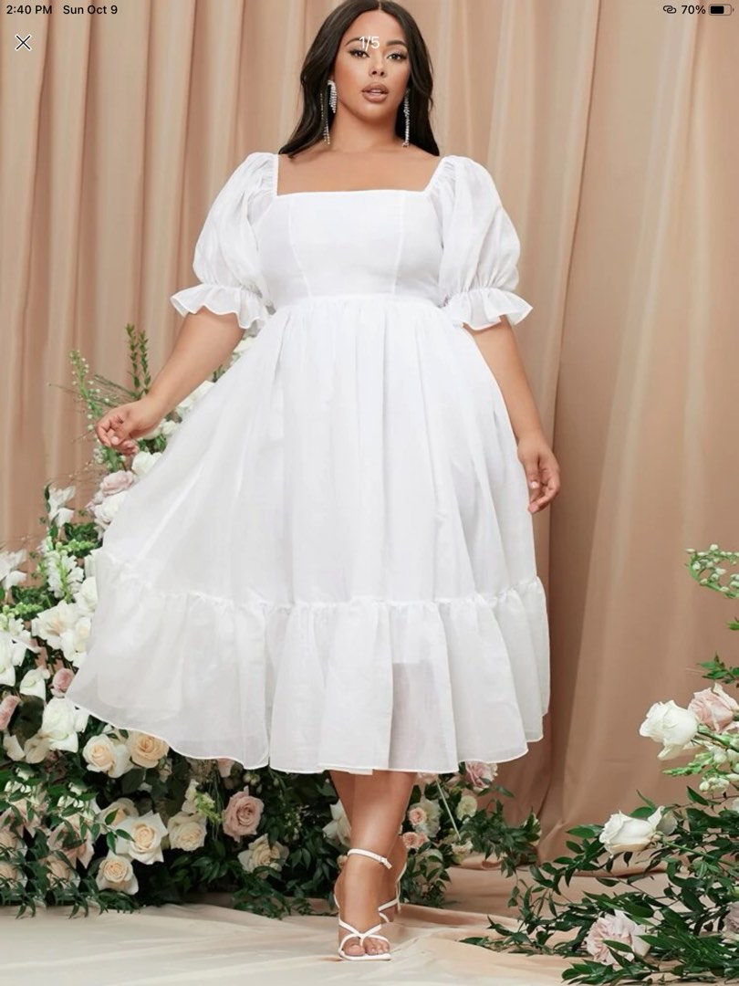 Ydmyge vej Perioperativ periode Plus size white dress square neck puff sleeve, Women's Fashion, Dresses &  Sets, Dresses on Carousell