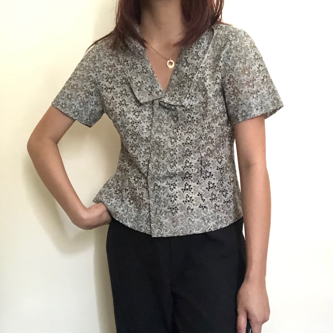 Sage Green Eyelet Snap Button Blouse, Women's Fashion, Tops, Blouses on